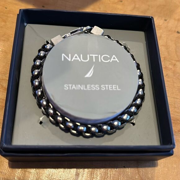 Nautica stainless steel brown cord cube and clasp closure bracelet. NWOT. In box - Picture 1 of 4